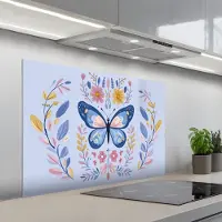 KitchenYeah Spatscherm 100x65 cm - Zelfklevende achterwand Vlinder - Lichtblauw - Sierlijk - Bloemen - Keuken muurbeschermer - Spatwand fornuis