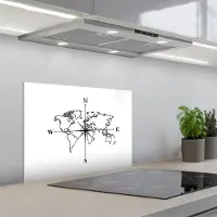 KitchenYeah Spatscherm 60x45 cm - Zelfklevende achterwand Wereldkaart - Windrichtingen - Kompas - Keuken muurbeschermer - Spatwand fornuis
