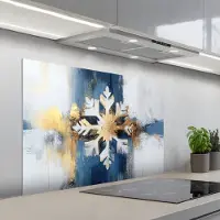 KitchenYeah Spatscherm 100x65 cm - Zelfklevende achterwand Abstract - Winter - Sneeuwvlok - Sneeuw - Goud - Keuken muurbeschermer - Spatwand fornuis
