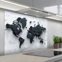 KitchenYeah Spatscherm 100x75 cm - Zelfklevende achterwand Wereldkaart - Zwarte- Steen - Keuken muurbeschermer - Spatwand fornuis