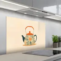 KitchenYeah Spatscherm 100x65 cm - Zelfklevende achterwand Oranje - Theepot - Bloemen - Bladeren - Keuken muurbeschermer - Spatwand fornuis