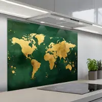 KitchenYeah Spatscherm 100x75 cm - Zelfklevende achterwand Wereldkaart - Groen - Goud - Keuken muurbeschermer - Spatwand fornuis