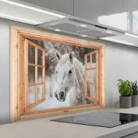 KitchenYeah Spatscherm 100x75 cm - Zelfklevende achterwand Doorkijk - Paard - Wit - Winter - Sneeuw - Dieren - Keuken muurbeschermer - Spatwand fornuis