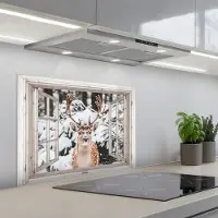 KitchenYeah Spatscherm 70x55 cm - Zelfklevende achterwand Doorkijk - Hert - Sneeuw - Winter - Bos - Dieren - Natuur - Keuken muurbeschermer - Spatwand fornuis