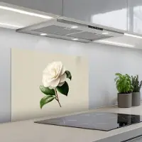 KitchenYeah Spatscherm 70x55 cm - Zelfklevende achterwand Cameliabloem - Wit - Groen - Keuken muurbeschermer - Spatwand fornuis