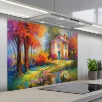KitchenYeah Spatscherm 100x75 cm - Zelfklevende achterwand Landschap - Kleurrijk - Olieverf - Kunst - Keuken muurbeschermer - Spatwand fornuis