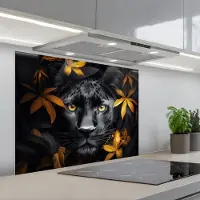 KitchenYeah Spatscherm 80x60 cm - Zelfklevende achterwand Zwarte panter - Bloemen - Goud - Natuur - Katachtige - Keuken muurbeschermer - Spatwand fornuis