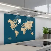 KitchenYeah Spatscherm 90x70 cm - Zelfklevende achterwand Wereldkaart - Donkerblauw - Beige - Keuken muurbeschermer - Spatwand fornuis