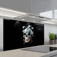 KitchenYeah Spatscherm 120x60 cm - Zelfklevende achterwand Schedel - Blauw - Bloemen - Bladeren - Keuken muurbeschermer - Spatwand fornuis