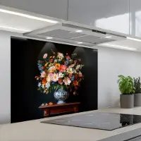 KitchenYeah Spatscherm 80x60 cm - Zelfklevende achterwand Boeket - Roze - Bloemen - Vaas - Keuken muurbeschermer - Spatwand fornuis