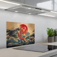 KitchenYeah Spatscherm 60x45 cm - Zelfklevende achterwand Koi - Zee - Golven - Zon - Keuken muurbeschermer - Spatwand fornuis