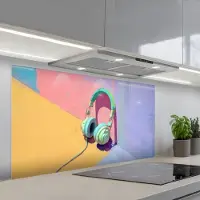 KitchenYeah Spatscherm 120x60 cm - Zelfklevende achterwand Koptelefoon - Mintgroen - Draad - Keuken muurbeschermer - Spatwand fornuis