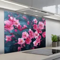 KitchenYeah Spatscherm 100x75 cm - Zelfklevende achterwand Bloem - Bloesems - Roze - Abstract - Keuken muurbeschermer - Spatwand fornuis