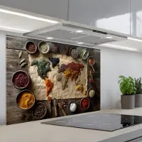 KitchenYeah Spatscherm 90x60 cm - Zelfklevende achterwand Wereldkaart - Specerijen - Kleurrijk - Keuken muurbeschermer - Spatwand fornuis