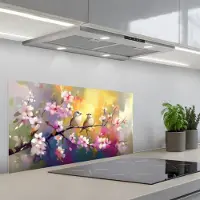 KitchenYeah Spatscherm 90x45 cm - Zelfklevende achterwand Vogels - Bloemen - Roze - Keuken muurbeschermer - Spatwand fornuis