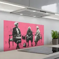 KitchenYeah Spatscherm 100x50 cm - Zelfklevende achterwand Graffiti - Roze - Street art - Vrouwen - Keuken muurbeschermer - Spatwand fornuis