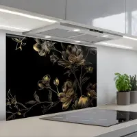 KitchenYeah Spatscherm 80x55 cm - Zelfklevende achterwand Bloemen - Zwart - Goud - Line art - Keuken muurbeschermer - Spatwand fornuis