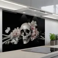 KitchenYeah Spatscherm 120x80 cm - Zelfklevende achterwand Skelet - Bloemen - Pink - Schedel - Botten - Keuken muurbeschermer - Spatwand fornuis
