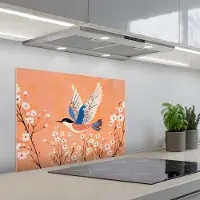 KitchenYeah Spatscherm 70x55 cm - Zelfklevende achterwand Vogel - Bloesemtakken - Warm - Kleurrijk - Keuken muurbeschermer - Spatwand fornuis