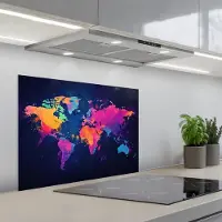 KitchenYeah Spatscherm 70x50 cm - Zelfklevende achterwand Wereldkaart - Kleurrijk - Graffiti - Keuken muurbeschermer - Spatwand fornuis