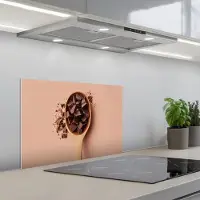 KitchenYeah Spatscherm 60x40 cm - Zelfklevende achterwand Chocola - Hout - Lepel - Keuken muurbeschermer - Spatwand fornuis