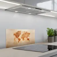 KitchenYeah Spatscherm 70x30 cm - Zelfklevende achterwand Wereldkaart - Roestbruine inkt - Keuken muurbeschermer - Spatwand fornuis