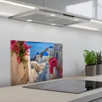 KitchenYeah Spatscherm 60x40 cm - Zelfklevende achterwand Santorini - Bloemen - Griekenland - Keuken muurbeschermer - Spatwand fornuis