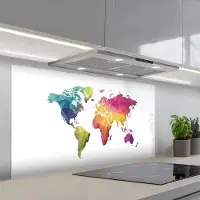 KitchenYeah Spatscherm 120x60 cm - Zelfklevende achterwand Wereldkaart - Regenboog - Wit - Keuken muurbeschermer - Spatwand fornuis