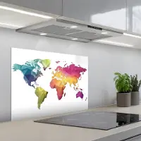 KitchenYeah Spatscherm 70x50 cm - Zelfklevende achterwand Wereldkaart - Regenboog - Wit - Keuken muurbeschermer - Spatwand fornuis