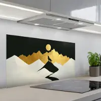 KitchenYeah Spatscherm 100x50 cm - Zelfklevende achterwand Wolf - Bergen - Maan - Zwart - Keuken muurbeschermer - Spatwand fornuis