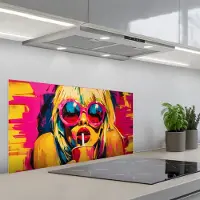 KitchenYeah Spatscherm 80x40 cm - Zelfklevende achterwand Zonnebril - Roze - Vrouw - Rietje - Keuken muurbeschermer - Spatwand fornuis
