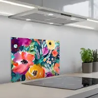 KitchenYeah Spatscherm 60x45 cm - Zelfklevende achterwand Bloemen - Olieverf - Kunst - Natuur - Keuken muurbeschermer - Spatwand fornuis