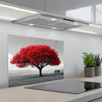 KitchenYeah Spatscherm 70x55 cm - Zelfklevende achterwand Boom - Rood - Natuur - Zwart wit - Keuken muurbeschermer - Spatwand fornuis