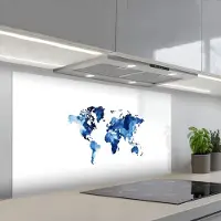 KitchenYeah Spatscherm 120x60 cm - Zelfklevende achterwand Indigo - Wereldkaart - Aquarel - Keuken muurbeschermer - Spatwand fornuis