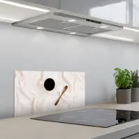 KitchenYeah Spatscherm 70x30 cm - Zelfklevende achterwand Koffie - Lepel - Mok - Keuken muurbeschermer - Spatwand fornuis