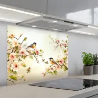 KitchenYeah Spatscherm 80x60 cm - Zelfklevende achterwand Takken - Bloemen - Vogeltjes - Roze - Keuken muurbeschermer - Spatwand fornuis