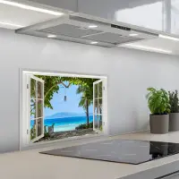 KitchenYeah Spatscherm 60x45 cm - Zelfklevende achterwand Doorkijk - Boom - Zee - Palmboom - Heuvels - Strand - Blauw - Keuken muurbeschermer - Spatwand fornuis
