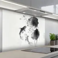 KitchenYeah Spatscherm 120x80 cm - Zelfklevende achterwand Lotusbloemen - Vissen - Bladeren - Zwart - Keuken muurbeschermer - Spatwand fornuis