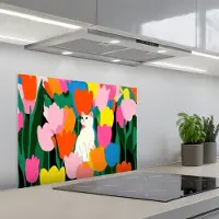 KitchenYeah Spatscherm 70x50 cm - Zelfklevende achterwand Tulpen - Kat - Kleurrijk - Keuken muurbeschermer - Spatwand fornuis
