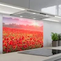 KitchenYeah Spatscherm 80x55 cm - Zelfklevende achterwand Bloemen - Klaprozen - Rood - Bloemenveld - Keuken muurbeschermer - Spatwand fornuis
