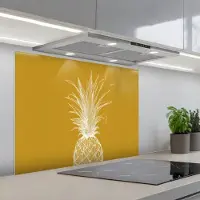 KitchenYeah Spatscherm 90x70 cm - Zelfklevende achterwand Lijnillustratie - Ananas - Bladkroon - Okergeel - Keuken muurbeschermer - Spatwand fornuis