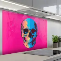 KitchenYeah Spatscherm 120x80 cm - Zelfklevende achterwand Neon - Blauw - Pop-art - Schedel - Keuken muurbeschermer - Spatwand fornuis
