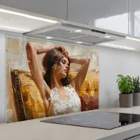 KitchenYeah Spatscherm 90x60 cm - Zelfklevende achterwand Vrouw - Kunst - Abstract - Modern - Keuken muurbeschermer - Spatwand fornuis