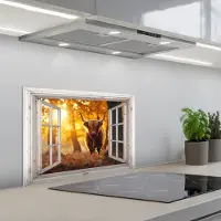 KitchenYeah Spatscherm 60x40 cm - Zelfklevende achterwand Schotse hooglander - Bos - Herfst - Dieren - Natuur - Bladeren - Doorkijk - Keuken muurbeschermer - Spatwand fornuis