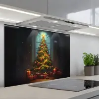 KitchenYeah Spatscherm 90x60 cm - Zelfklevende achterwand Kerstboom - Cadeau - Kerst - Winter - Keuken muurbeschermer - Spatwand fornuis