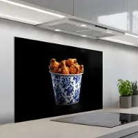KitchenYeah Spatscherm 100x65 cm - Zelfklevende achterwand Kip - Bucket - Delfts blauw - Lekker - Keuken muurbeschermer - Spatwand fornuis