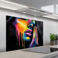 KitchenYeah Spatscherm 100x65 cm - Zelfklevende achterwand Vrouw - Gezicht - Verf - Kunstzinnig - Keuken muurbeschermer - Spatwand fornuis