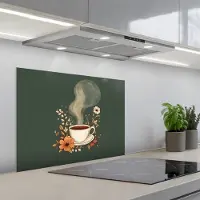 KitchenYeah Spatscherm 70x55 cm - Zelfklevende achterwand Kop - Bloemen - Groen - Koffie - Keuken muurbeschermer - Spatwand fornuis