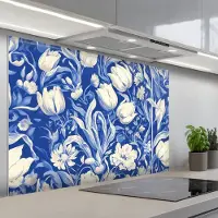 KitchenYeah Spatscherm 120x80 cm - Zelfklevende achterwand Bloemen - Delfts Blauw - Patroon - Tulp - Keuken muurbeschermer - Spatwand fornuis