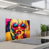KitchenYeah Spatscherm 60x45 cm - Zelfklevende achterwand Zonnebril - Roze - Vrouw - Rietje - Keuken muurbeschermer - Spatwand fornuis